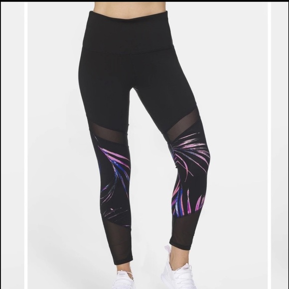 NWT BSP Black Purple Tropical High Waist 7/8 Legging Sheer Mesh - Picture 1 of 8